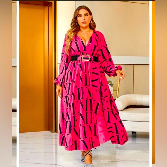 Letter Print Split Thigh Belted, Elegant V Neck High Waist Pleated Maxi Dress - Picture 4 of 11